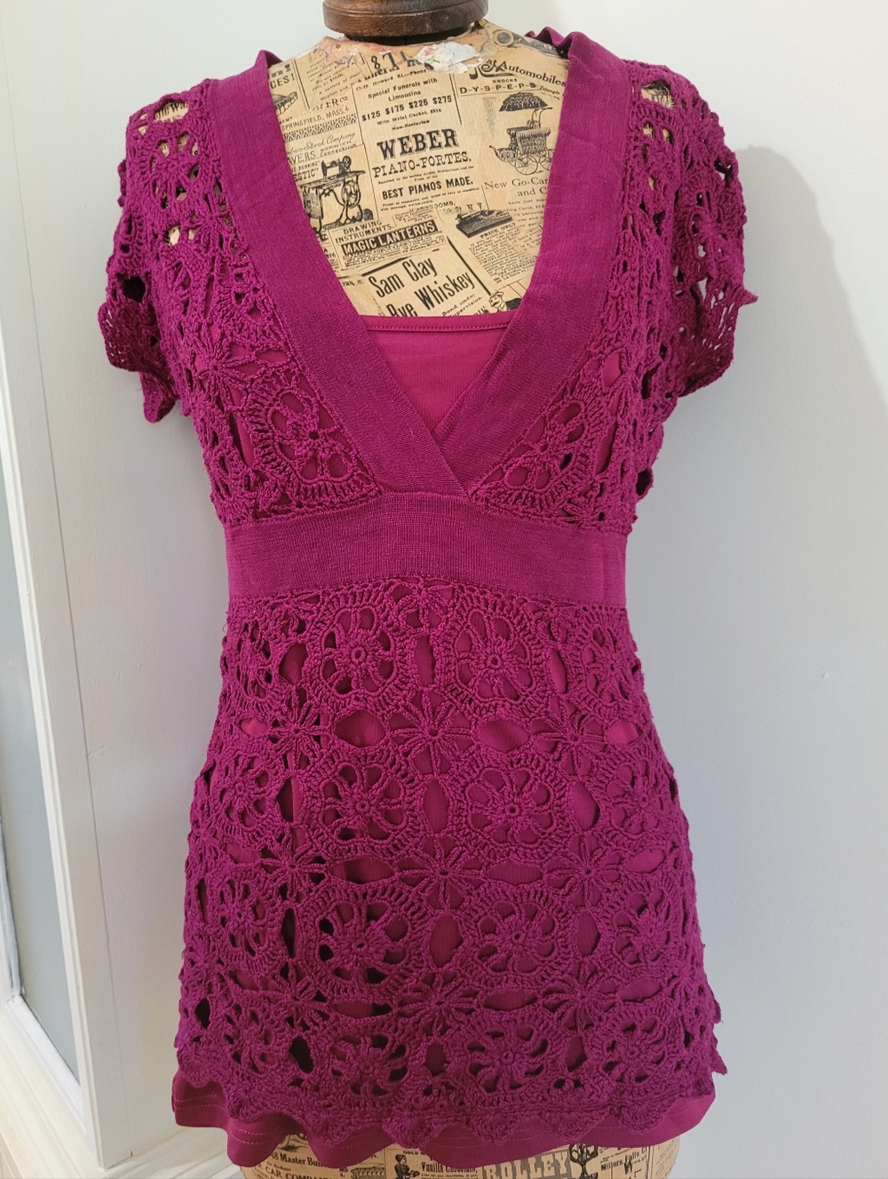 INC Magenta Crochet V-Neck Tunic With Tank Top Liner Goth Festival Fairy